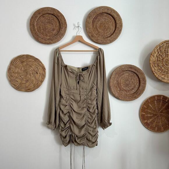 Kittenish Sage Green Lace Up Cinched Ruched Long Sleeve Mini Dress Medium - Picture 2 of 6